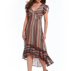 EVA FRANCO ANTHRO "Mina" Crochet Cuba Stripe Ruffle SLV Party Boho Hi-Lo Midi 14